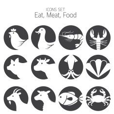 Icons Set Animal Meat Seafood and Eating