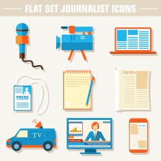Flat set of equipment for journalism background concept
