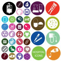 White hospital icons and colorful circle