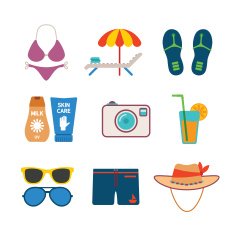 Set of vector colorful beach vacations icons in flat style