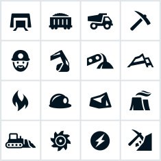 Black and white set of coal mining icons