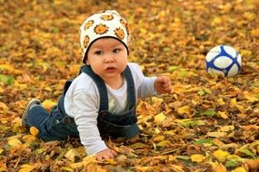 portrait of playing beautiful baby boy on a leaves