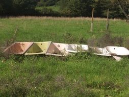 bathtubs are standing on a green field