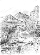pencil drawn mountain stream
