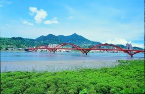 distant view of the red bridge among beautiful nature