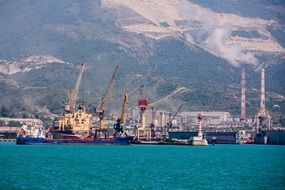 cargo cranes in the seaport on a background of mountains