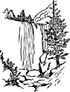 waterfall on high rock, black and white drawing