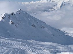 snowy mountains and thick clouds