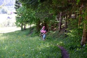 landscape of mom and daughter climb the forest trail