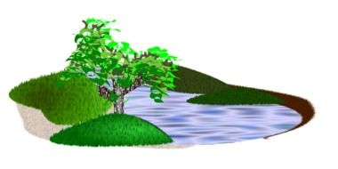 painted pond and green hills as an illustration