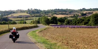 people riding a motorcycle down the road, tuscany