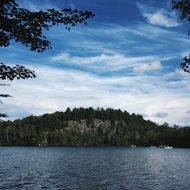 panorama of the lake on the background of the forest on the hill