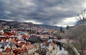 panorama of urban buildings along the river under a cloudy sky in the Czech Republic