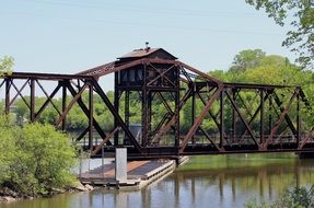 landscape of Fox river and railway bridge in USA