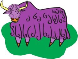 drawn purple bull on a green meadow