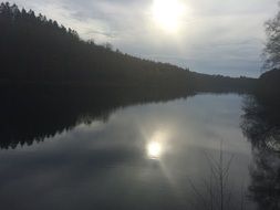 black and white photo of reflection of the sun in a forest river