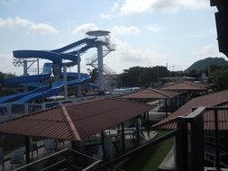 panorama of hotel roofs and water slides