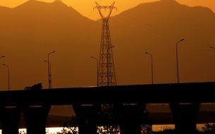 Beautiful orange sunset sun above the river with the bridge