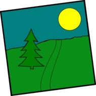 sun at sky above tree at road, illustration