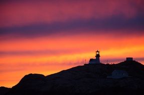 lighthouse on a background of striped purple-pink sunset