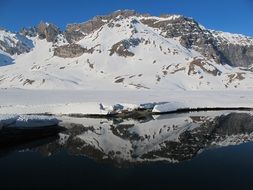 mirror image of a snowy alpine mountain in a lake