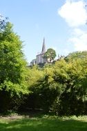 bell tower in green sunny garden landscape