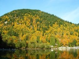lake at the foot of a hill in autumn