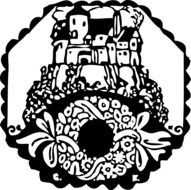 emblem with a painted castle on the hill
