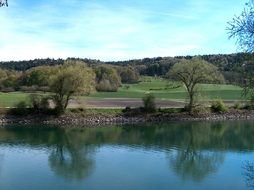 reflection of green trees in the river