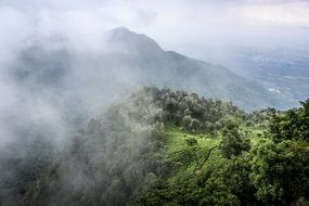 clouds over forested mountains