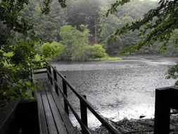 bridge near the lake in the pouring rain