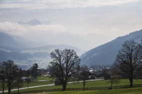 green park on a background of foggy mountains