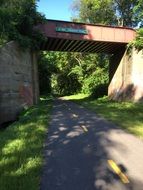 pedestrian bridge above road in forest