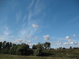 fluffy clouds over a green meadow