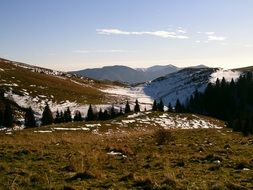 Panorama view of Snowy mountains on a sunny day