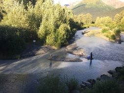 fishing on a mountain stream on a sunny day