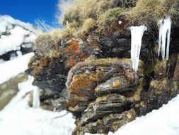 frozen snow on a rock close-up on blurred background