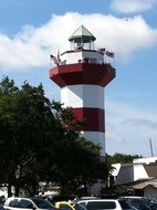 lighthouse behind green trees