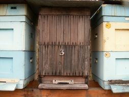 blue wooden beehives