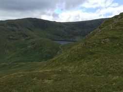 panorama of green hills and mountain lake