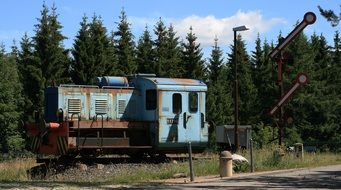 rusty blue locomotive on a forest background with plants on beautiful landscape