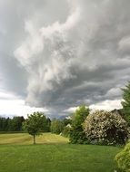 gray stormy sky above green lawn