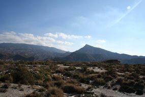 A picturesque desert in the background of volcanic rocks
