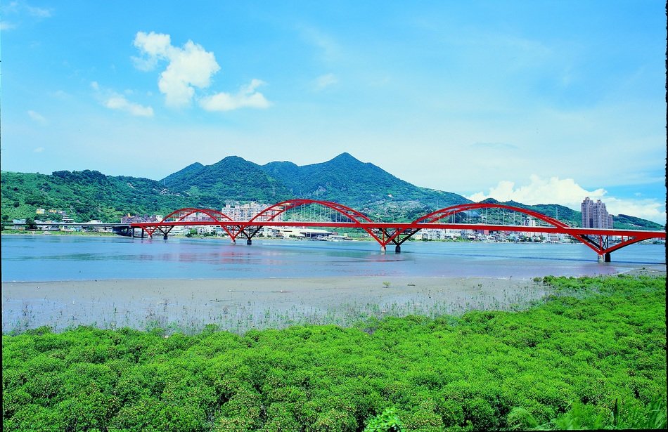 distant view of the red bridge among beautiful nature