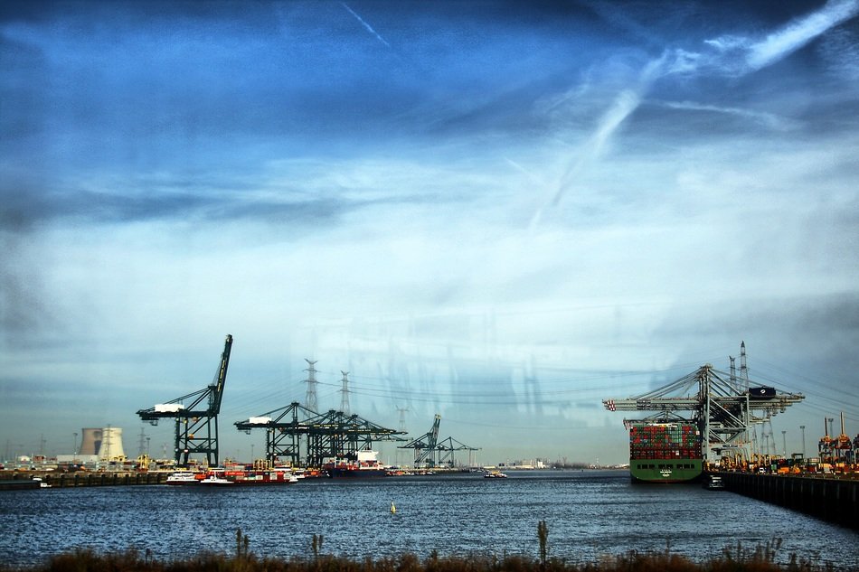 cranes in the port along the canal