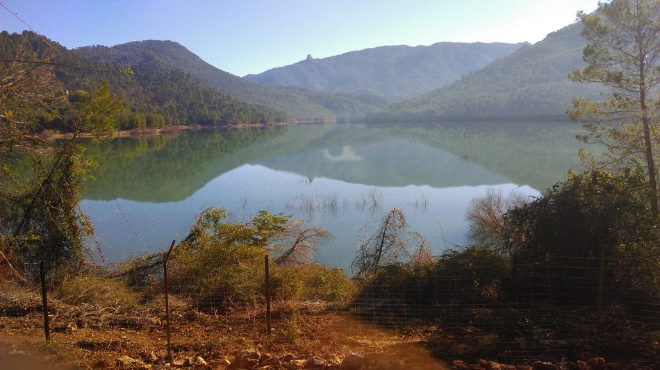 Beautiful Del Tranco Reservoir among the colorful plants