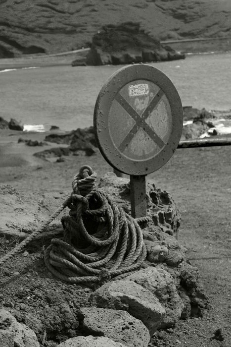 black and white photo of a signal on the canary islands