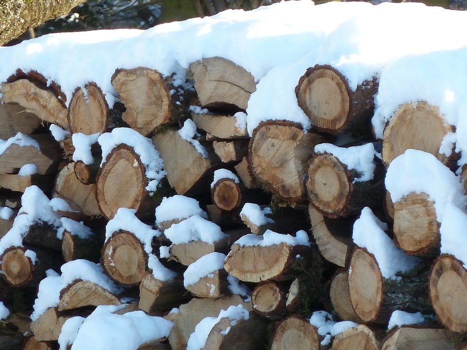 Wooden tables in the snow