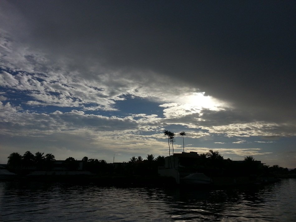 dark clouds in the evening sky above the water