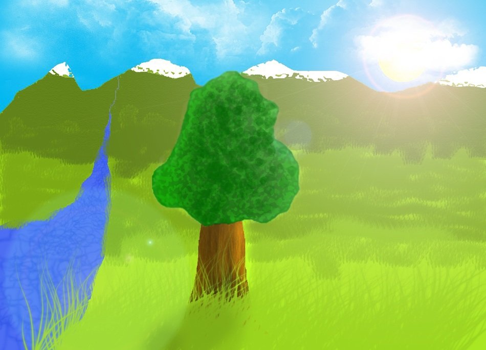Landscape, drawing, tree on a meadow